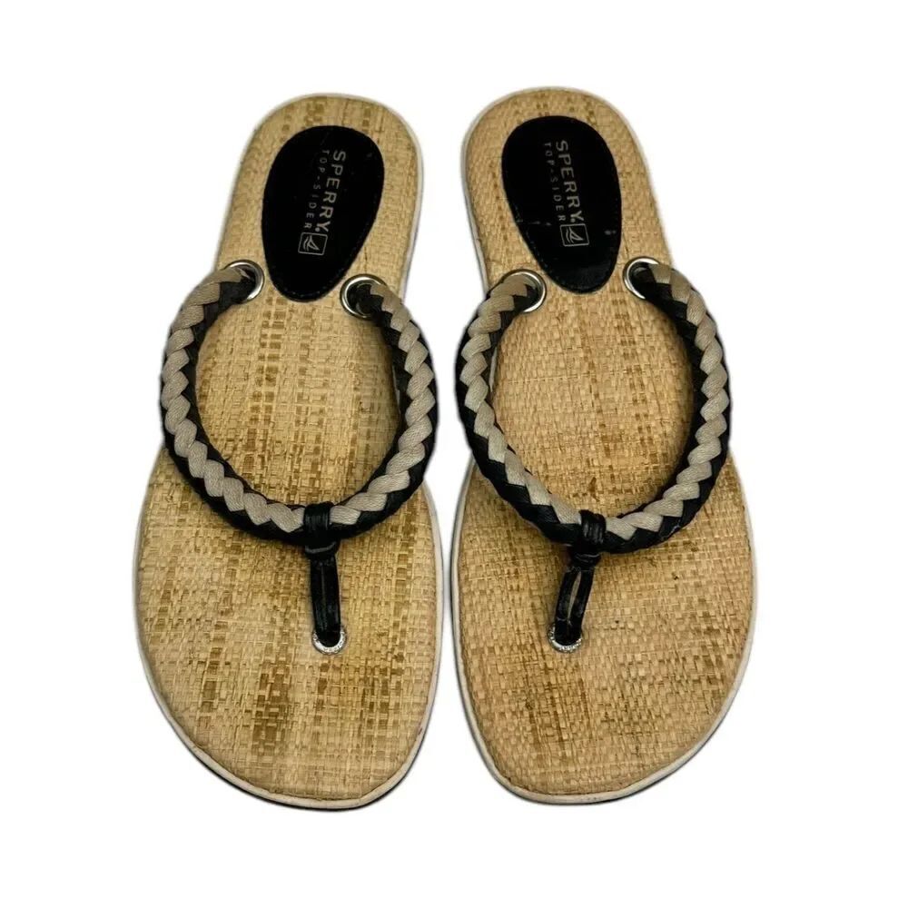 Sperry Top Sider Black & Tan Braided Woven Flip Flops Sandals Women’s Size 7
